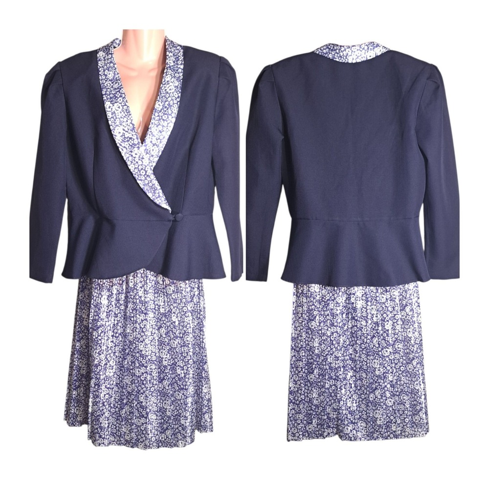 T & F Women's 2pc Skirt Wrap Blazer Long Sleeve Blue White Size‎ 14 Floral